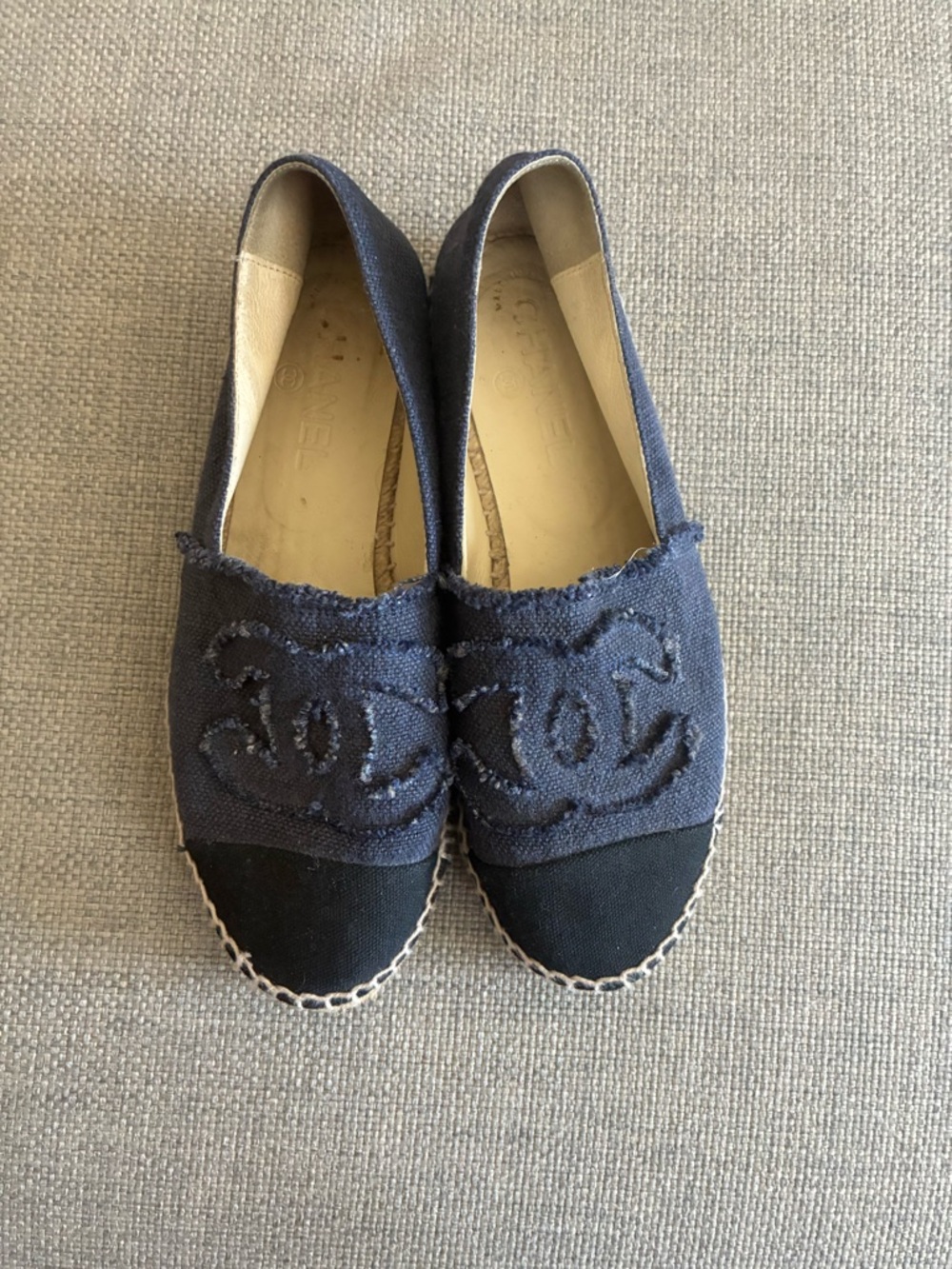 CHANEL Navy and Black Logo Espadrille Flats